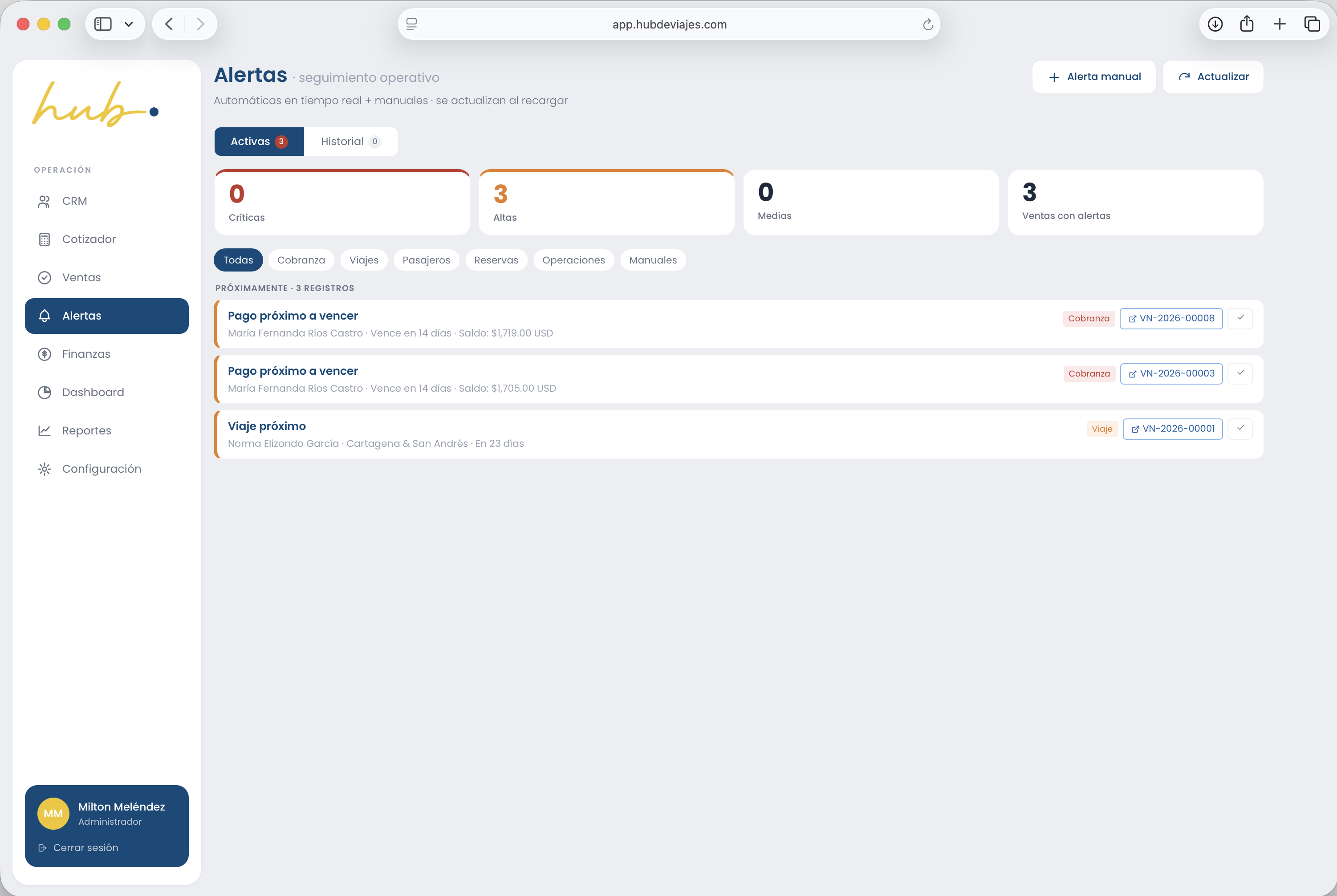 Alertas operativas Hub de Viajes