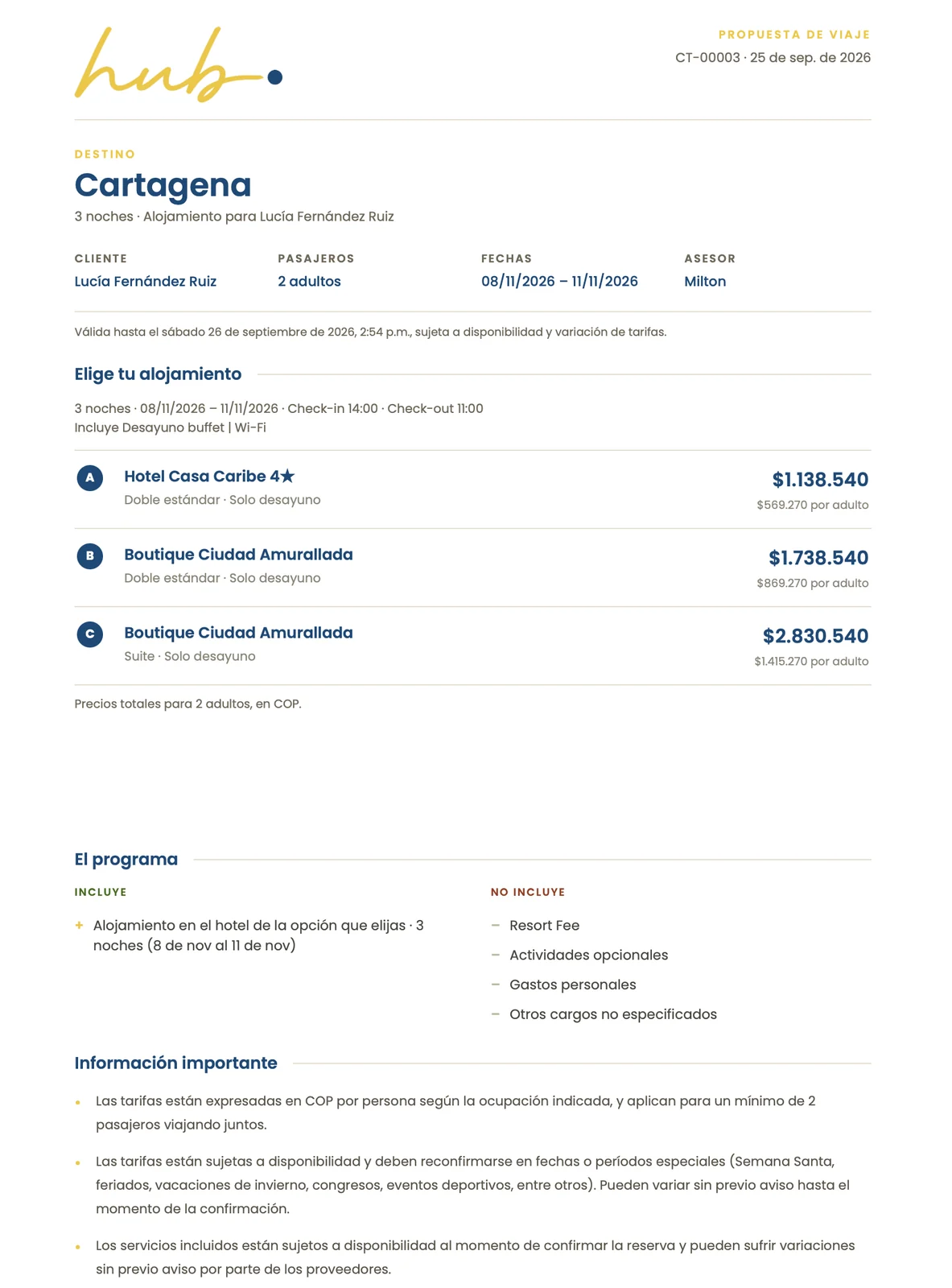 Propuesta de viaje que recibe el cliente