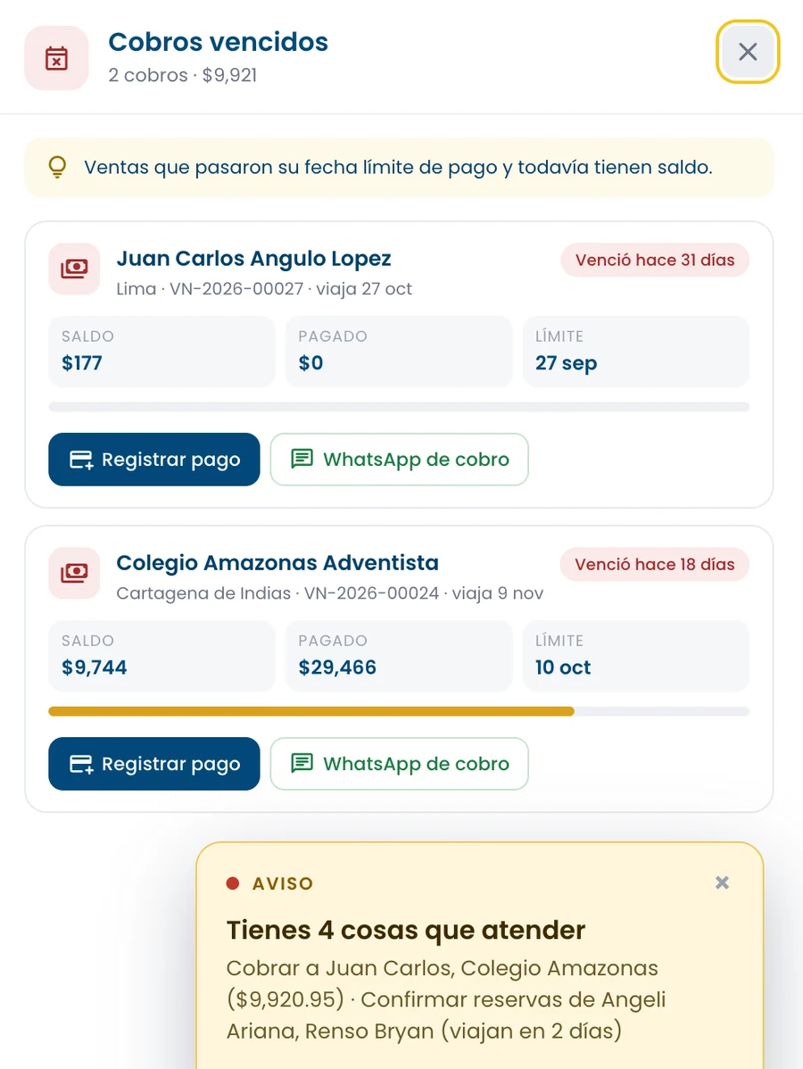 Cobros vencidos con aviso de cosas por atender